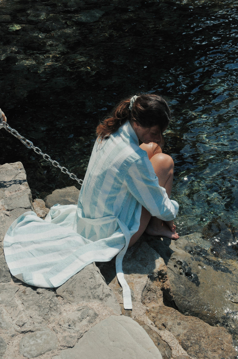 Turquoise striped linen bathrobe