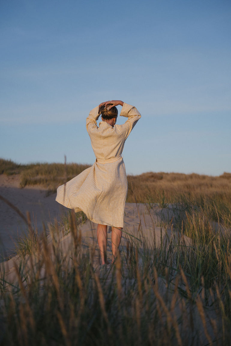 Yellow striped linen bathrobe