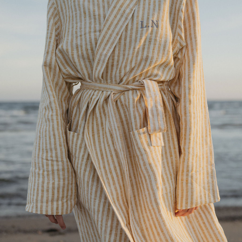 Yellow striped linen bathrobe