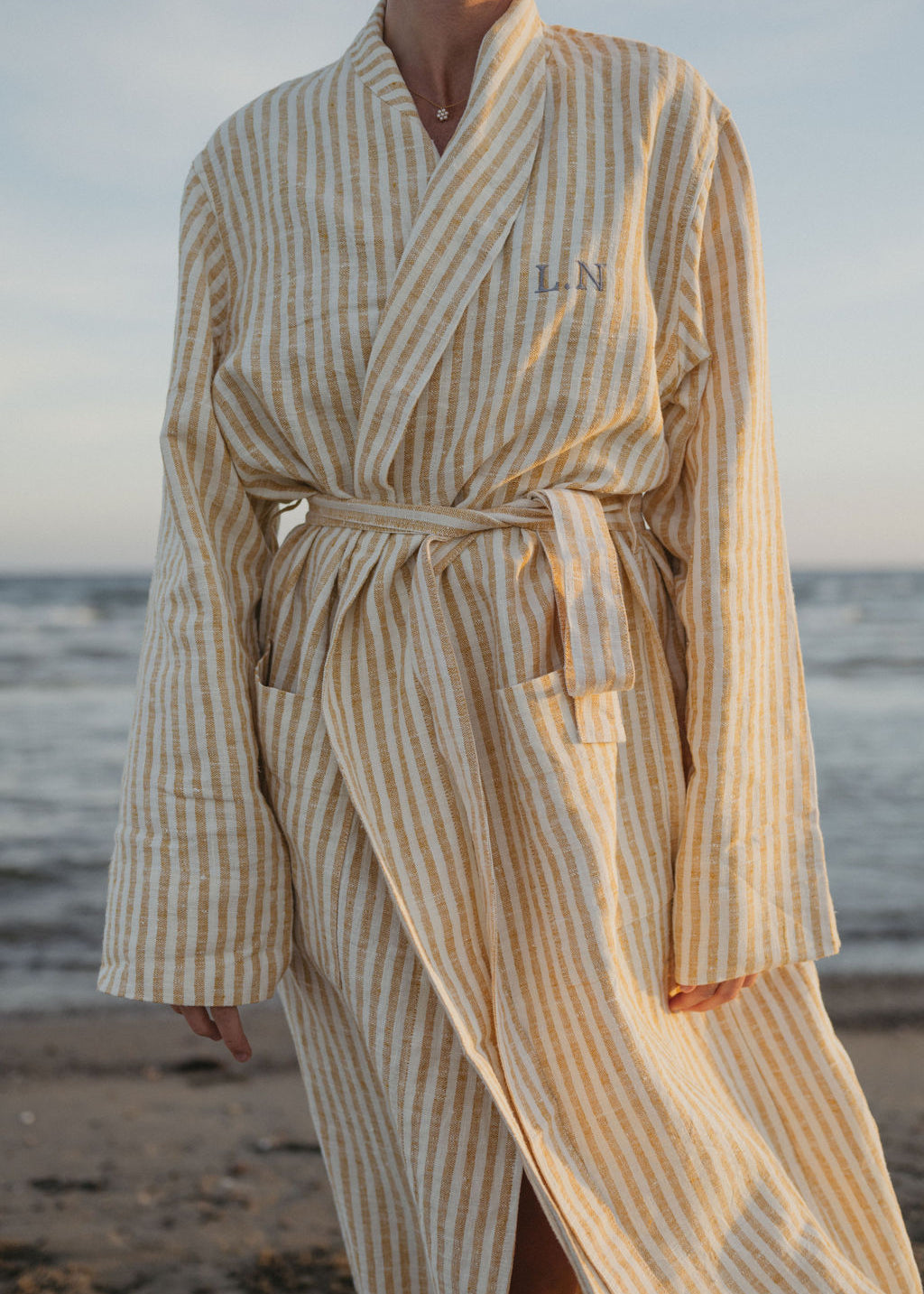Yellow striped linen bathrobe