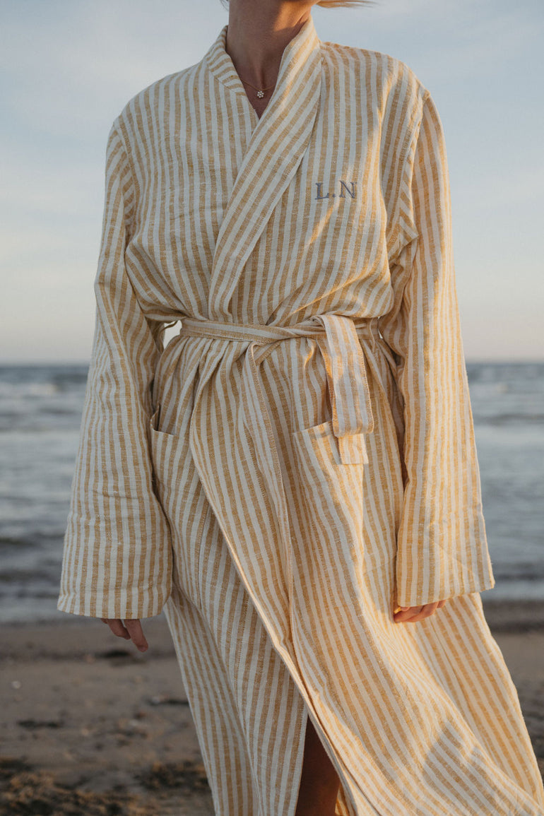 Yellow striped linen bathrobe