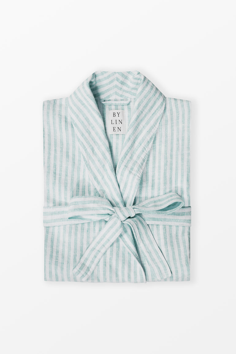 Turquoise striped linen bathrobe